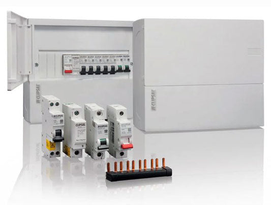 Clipsal Resi MAX switchboard kit — populated board with RCBOs, MCBs and busbar comb, an AS/NZS 3000-compliant install