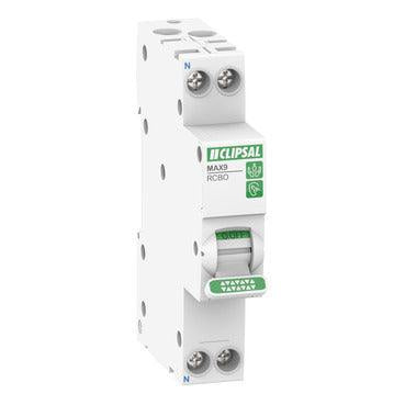 Clipsal MAX9 Residual Current Breaker with Overcurrent Protection (RCBO) 1PN, 16A, 30mA, C Curve, 6000A, A Type, SLIM, 40ms - MX9R3116F - ARCK Electrical Wholesale Supplies