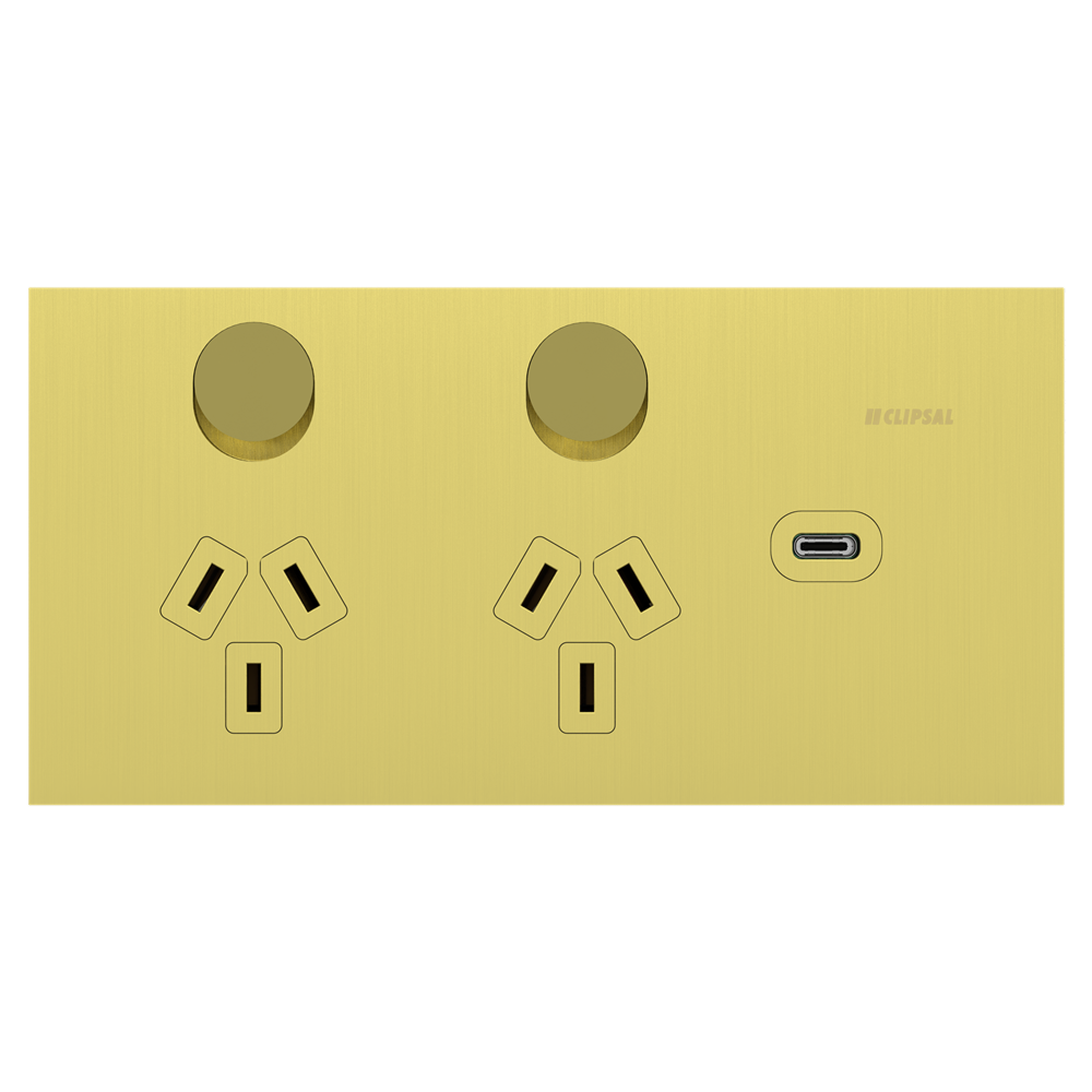 Clipsal Solis T Series Double Powerpoint 10A + USB-C Brushed Brass- 1025USBC-BB - ARCK Electrical Wholesale Supplies