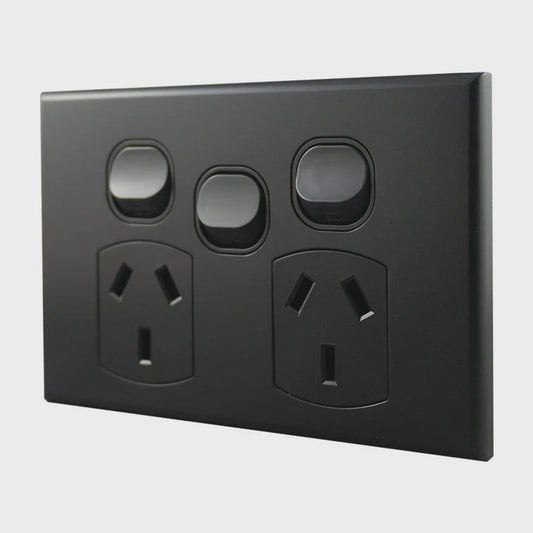 Double Power Point With Extra Switch – MATTE BLACK POD10XMB-L - ARCK Electrical Wholesale Supplies