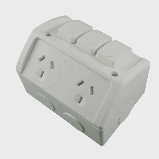Weatherproof GPO DOUBLE 10A + EXTRA SWITCH - WPOD10XNC - ARCK Electrical Wholesale Supplies