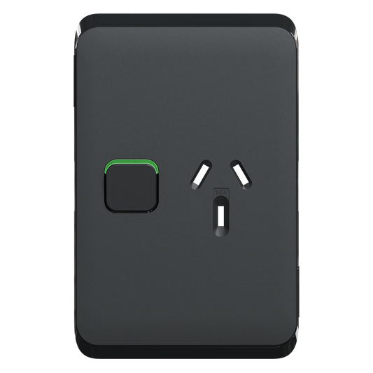 Clipsal Iconic Vertical Single Powerpoint 10A Skin Solid Edge Black Extra Black - 3015VC-XB - ARCK Electrical Wholesale Supplies