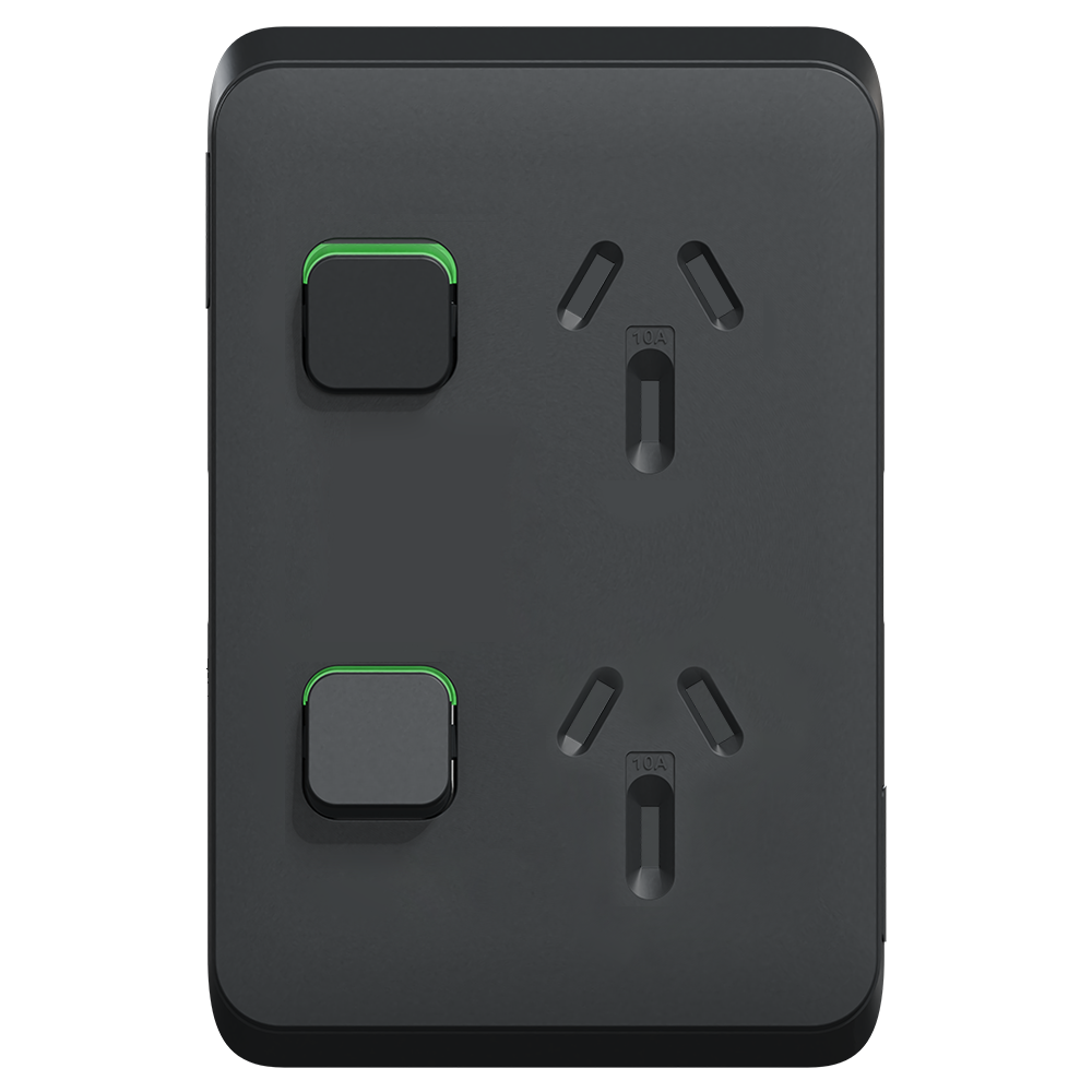 Clipsal Iconic Vertical Double Powerpoint 10A Skin Solid Edge Black Extra Black - 3025VC-XB - ARCK Electrical Wholesale Supplies