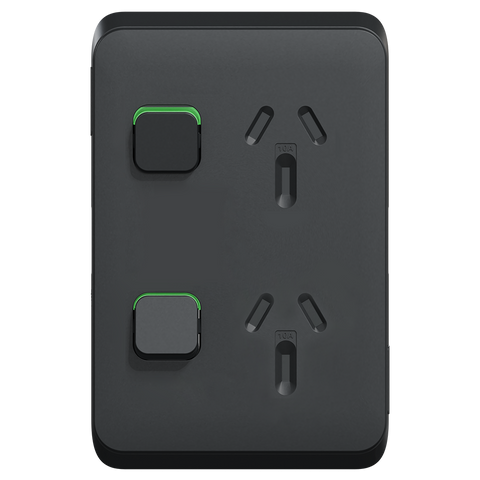 Clipsal Iconic Vertical Double Powerpoint 10A Skin Solid Edge Black Extra Black - 3025VC-XB - ARCK Electrical Wholesale Supplies