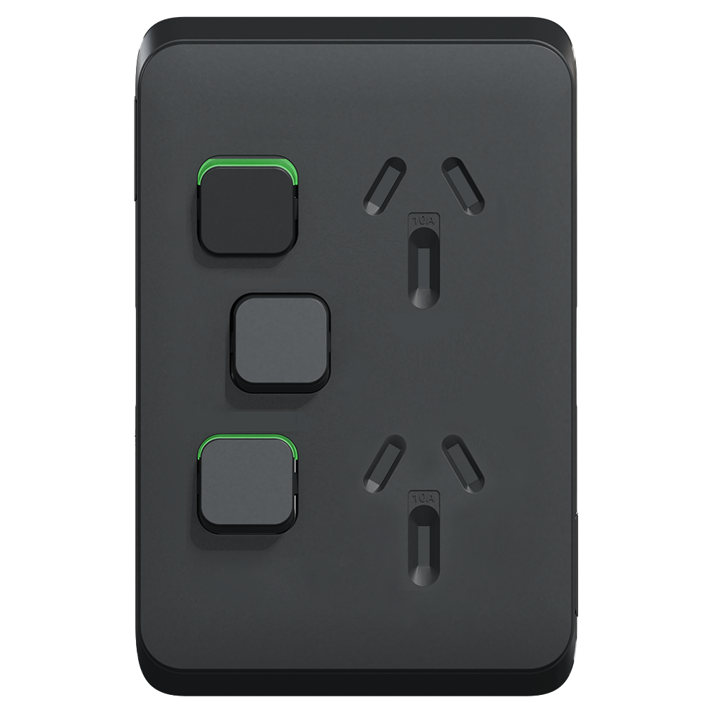 Clipsal Iconic Vertical Double Powerpoint 10A + Extra Switch Skin Solid Edge Bla Extra Black - 3025VXC-XB - ARCK Electrical Wholesale Supplies