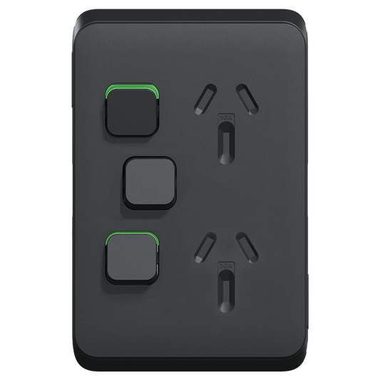 Clipsal Iconic Vertical Double Powerpoint 10A + Extra Switch Skin Solid Edge Bla Extra Black - 3025VXC-XB - ARCK Electrical Wholesale Supplies