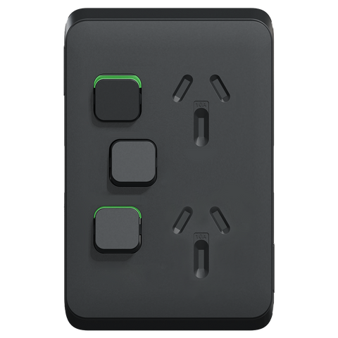 Clipsal Iconic Vertical Double Powerpoint 10A + Extra Switch Skin Solid Edge Bla Extra Black - 3025VXC-XB - ARCK Electrical Wholesale Supplies