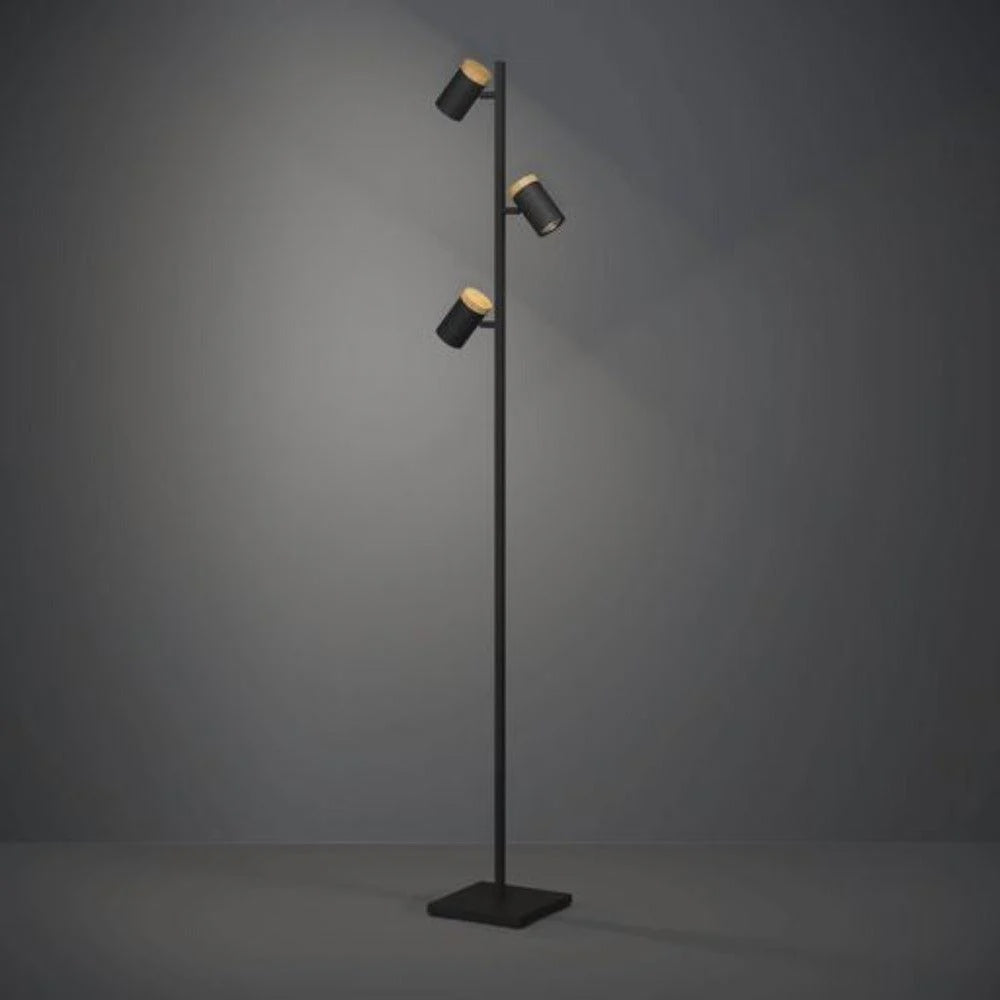Cartagena Floor Lamp 3 Lights Black Steel Brown Wood 4000K - 390071N - ARCK Electrical Wholesale Supplies