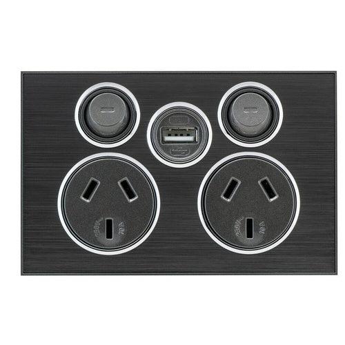 CLIPSAL SATURN DOUBLE POWER POINT WITH USB (HORIZON BLACK) - 4025USBC-HB