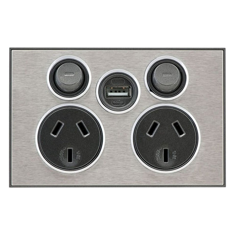 CLIPSAL SATURN DOUBLE POWER POINT WITH EXTRA SWITCH (HORIZON SILVER) - 4025USBC-HS