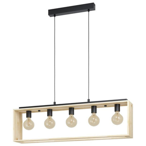 Famborough 5 Light Pendant Black Steel Nutural Wood - 43414N
