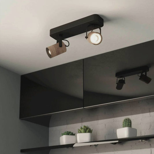 Cayuca Spotlight 2 Lights Black Steel Brown Wood 4000K - 900437N - ARCK Electrical Wholesale Supplies