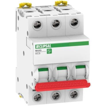 Clipsal MAX9 3 Pole Circuit Breaker 6kA 63A Red Toggle - MX9MC363R - ARCK Electrical Wholesale Supplies