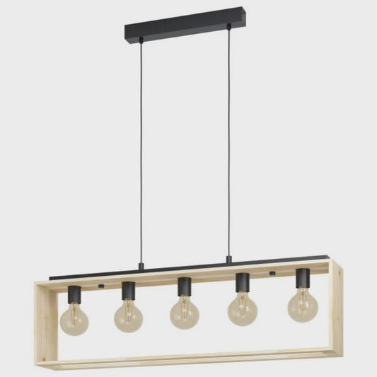 Famborough 5 Light Pendant Black Steel Nutural Wood - 43414N - ARCK Electrical Wholesale Supplies