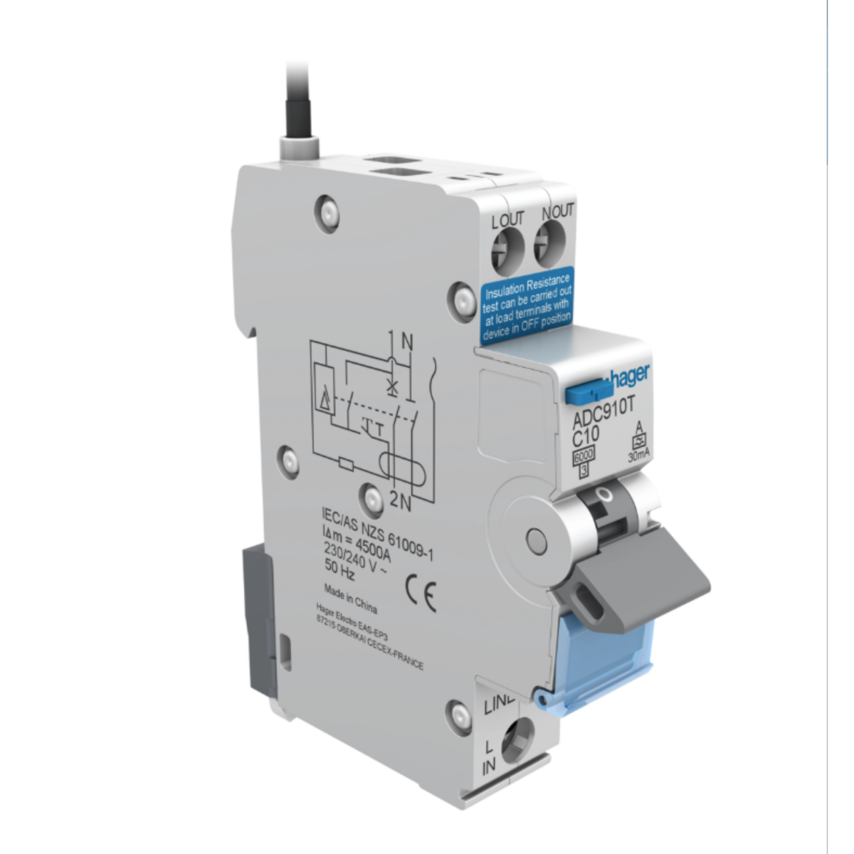 Hager 10 Amp RCBO 1P+N C-Curve 6kA 30mA Type A 1 Module - ADC910T