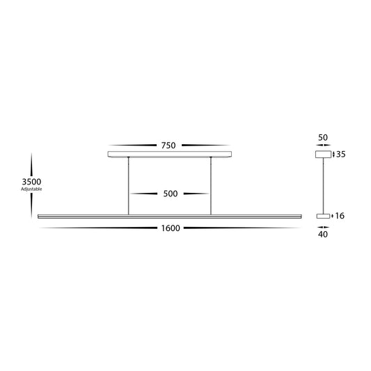 Proline Black 1600mm Slim LED Pendant 50W Triac Dimmable - HV6006T-BLK