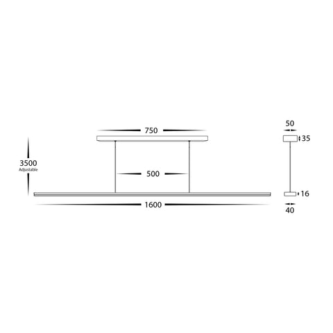 Proline Black 1600mm Slim LED Pendant 50W Triac Dimmable - HV6006T-BLK