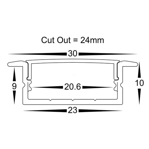 Shallow Square Winged Aluminium Profile 30mm x 10mm HV9695-2810-3M