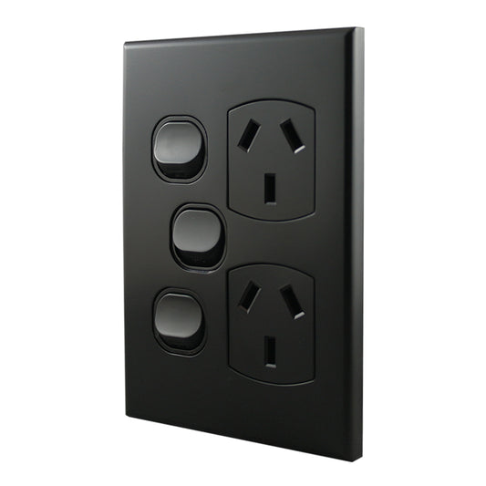 Double Power Point With Extra Switch – VERTICAL MATTE BLACK POD10XVMB-L