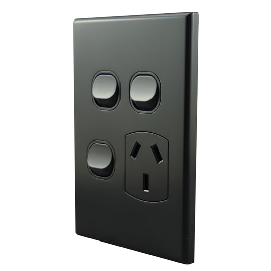 Single Power Point With 2 Extra Switches – VERTICAL MATTE BLACK POS10XXVMB-L