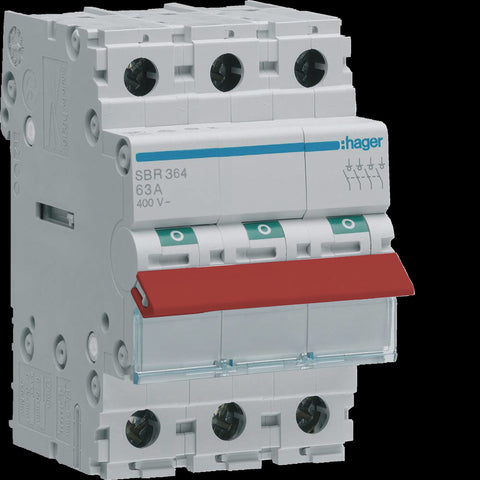 Hager 3-pole, 63A Modular Switch 50mm² with Red Toggle - SBR364 - ARCK Electrical Wholesale Supplies