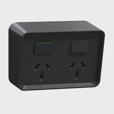 Clipsal Iconic Outdoor Twin, Switched socket outlet, horizontal - O3025-BK - ARCK Electrical Wholesale Supplies