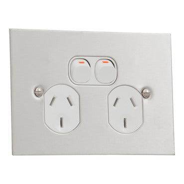 Clipsal Metal Plate Series Twin Switch Socket Outlet 250V, 10A, BSL Style - BSL25A-WE - ARCK Electrical Wholesale Supplies