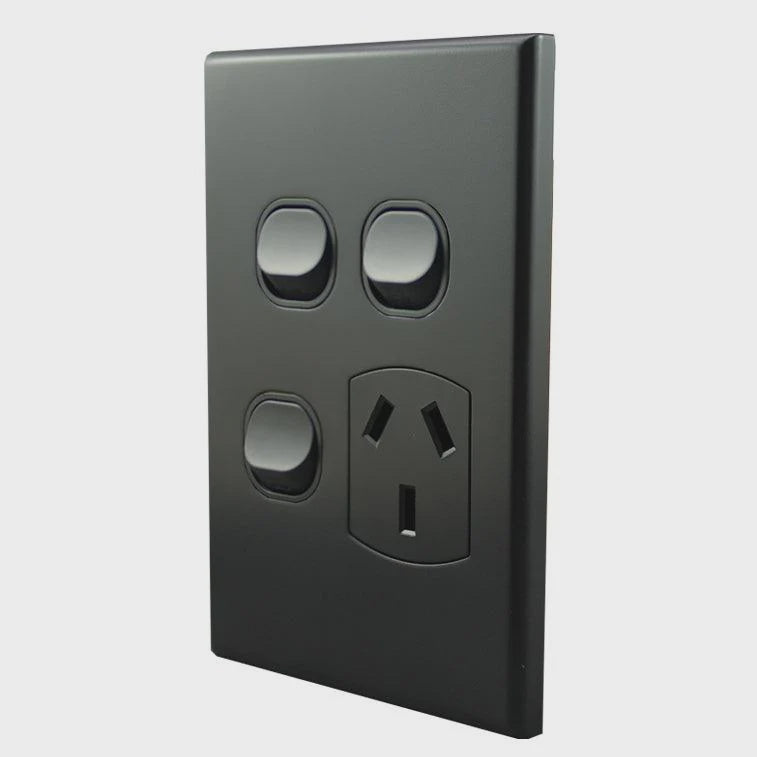 Single Power Point With 2 Extra Switches – VERTICAL MATTE BLACK POS10XXVMB-L - ARCK Electrical Wholesale Supplies