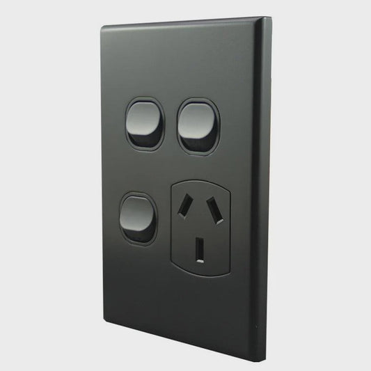 Single Power Point With 2 Extra Switches – VERTICAL MATTE BLACK POS10XXVMB-L - ARCK Electrical Wholesale Supplies