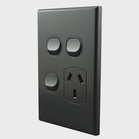 Single Power Point With 2 Extra Switches – VERTICAL MATTE BLACK POS10XXVMB-L - ARCK Electrical Wholesale Supplies