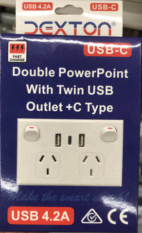 Dexton Double Powerpoint with TWIN USB OUTLET + C TYPE DXGPO2USB3