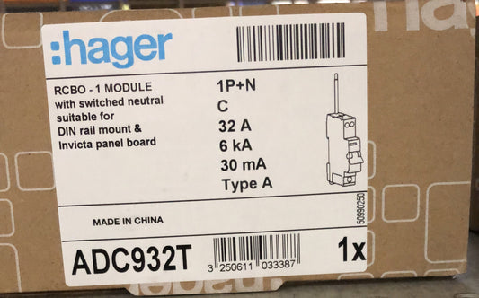 Hager 32 Amp RCBO 1P+N C-Curve 6kA 30mA Type A 1 Module - HAGADC932T - ARCK Electrical Wholesale Supplies