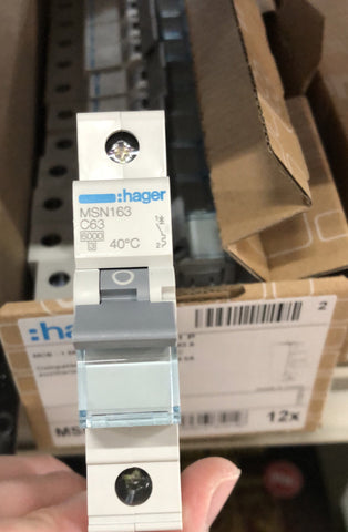 Hager 63 Amp MCB C-Curve 240-415V 6kA 1P DIN Rail- MSN163 - ARCK Electrical Wholesale Supplies