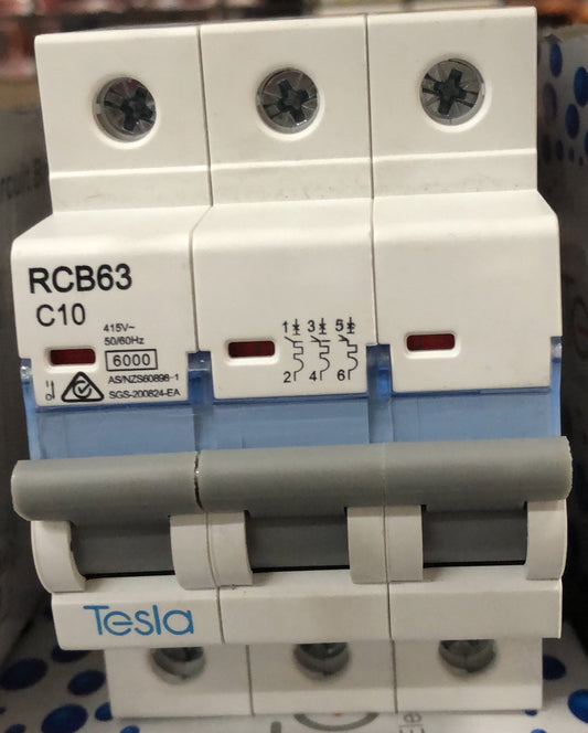 Tesla MCB 3 Pole 10A 6KA B Ser - TESTMCB3P10 - ARCK Electrical Wholesale Supplies