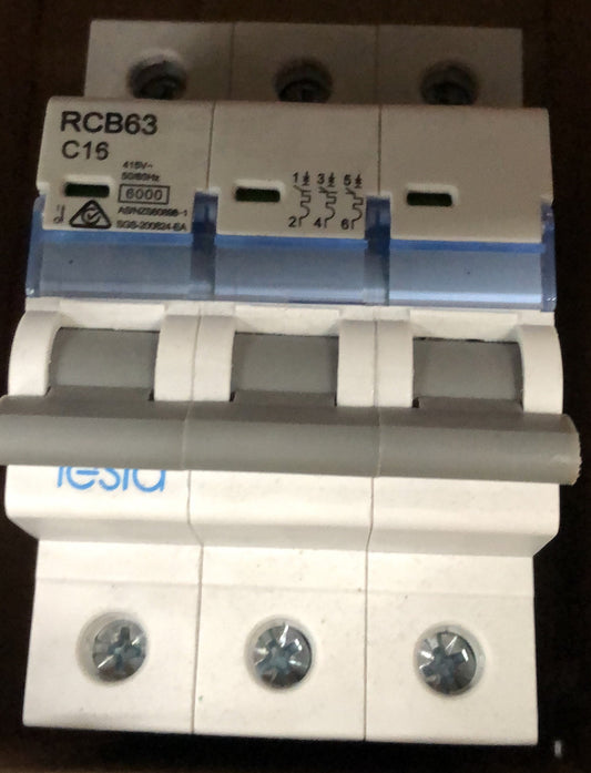 Tesla MCB 3 Pole 16A 6KA B Ser - TESTMCB3P16