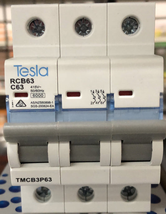 Tesla MCB 3 Pole 63A 6KA B Ser - TESTMCB3P63 - ARCK Electrical Wholesale Supplies