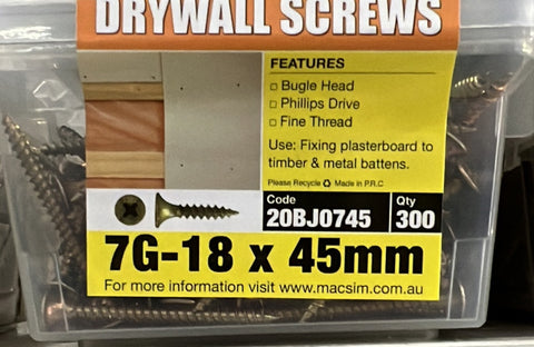 7g x 45 Drywall Screw 300 Pack - 20BJ0745