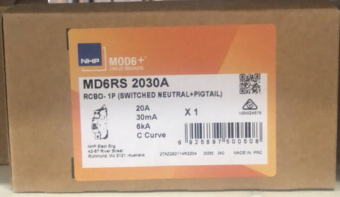 NHP MOD6+ RCBO 6kA 1 Pole and - MD6RS2030A - ARCK Electrical Wholesale Supplies