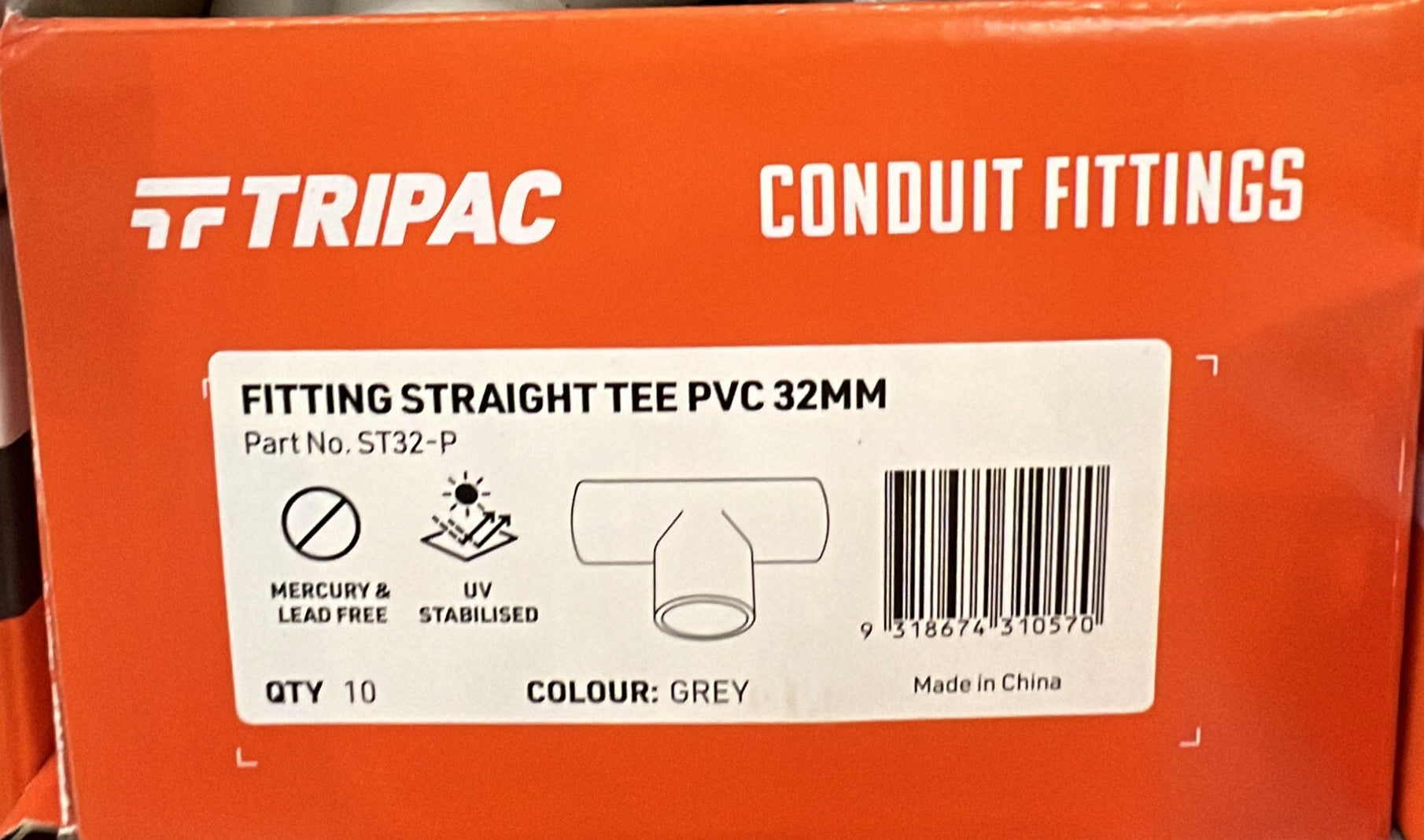 PVC - Straight Tee Grey 32mm - TEE-32G - ARCK Electrical Wholesale Supplies