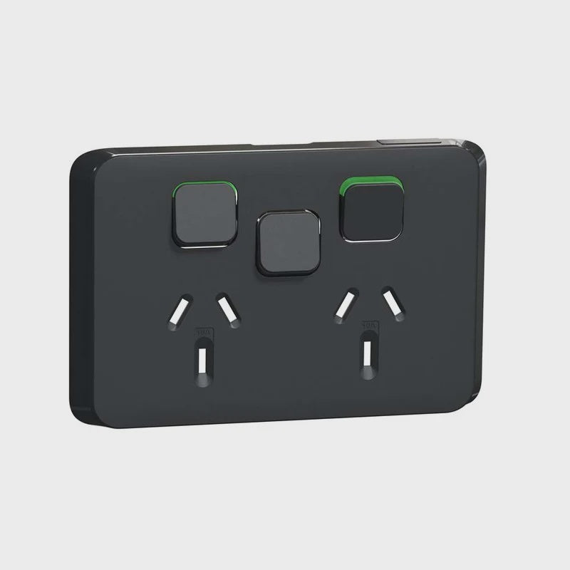 Clipsal Iconic Double PowerPoint + Extra Switch, Skin Black - 3025XC-XB - ARCK Electrical Wholesale Supplies