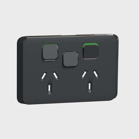 Clipsal Iconic Double PowerPoint + Extra Switch, Skin Black - 3025XC-XB - ARCK Electrical Wholesale Supplies