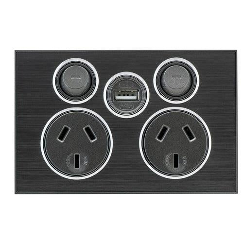 CLIPSAL SATURN DOUBLE POWER POINT WITH USB (HORIZON BLACK) - 4025USBC-HB - ARCK Electrical Wholesale Supplies