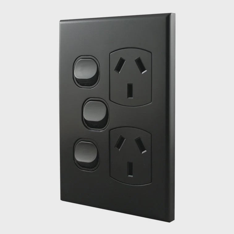 Double Power Point With Extra Switch – VERTICAL MATTE BLACK POD10XVMB-L - ARCK Electrical Wholesale Supplies