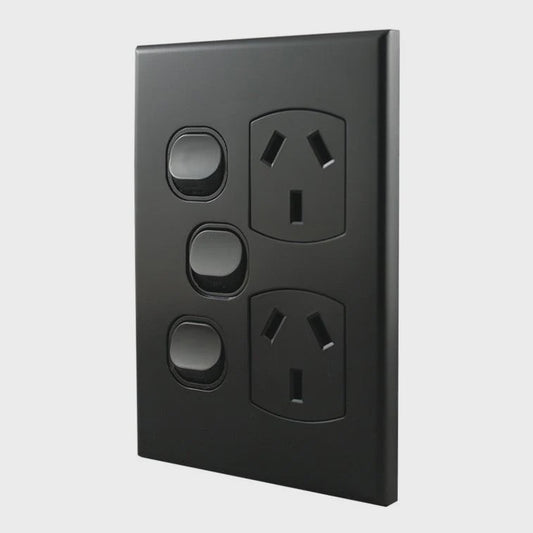 Double Power Point With Extra Switch – VERTICAL MATTE BLACK POD10XVMB-L - ARCK Electrical Wholesale Supplies