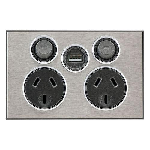 CLIPSAL SATURN DOUBLE POWER POINT WITH EXTRA SWITCH (HORIZON SILVER) - 4025USBC-HS - ARCK Electrical Wholesale Supplies
