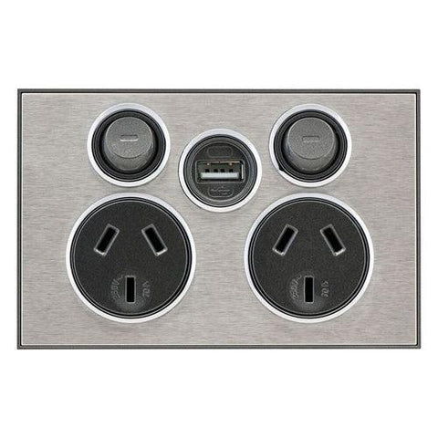CLIPSAL SATURN DOUBLE POWER POINT WITH EXTRA SWITCH (HORIZON SILVER) - 4025USBC-HS - ARCK Electrical Wholesale Supplies
