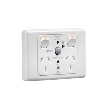 Clipsal 2000 Series RCD Protected Twin Switch Socket Outlet 250V, 10A, 2 Pole, 30mA RCD - 2025RCD30-WE