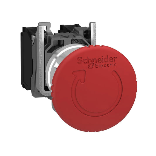Clipsal Emergency stop push button, Harmony XB4, metal, red mushroom, 40mm, 22mm, trigger latching turn to release, 2NC - XB4BS8444