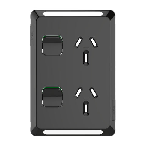 Clipsal Pro Series Twin Power Point Skin Vertical Mount 250V 10A Black - P3025VC-BK - ARCK Electrical Wholesale Supplies