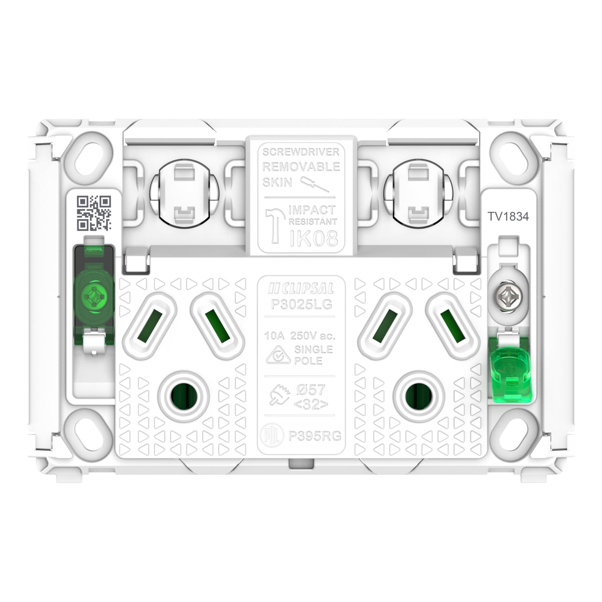 Clipsal Pro Series Twin Power Point Grid Horizontal Mount Round Earth 250V - P3025LG - ARCK Electrical Wholesale Supplies